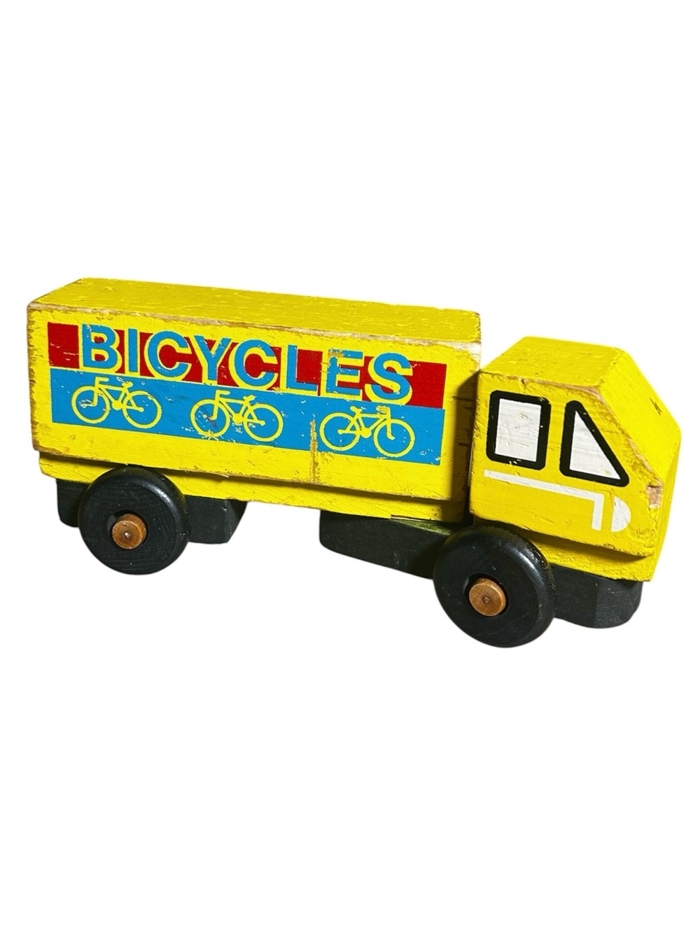 Vintage Yellow Wooden Montgomery Schoolhouse Toy Truck “Bicycles”